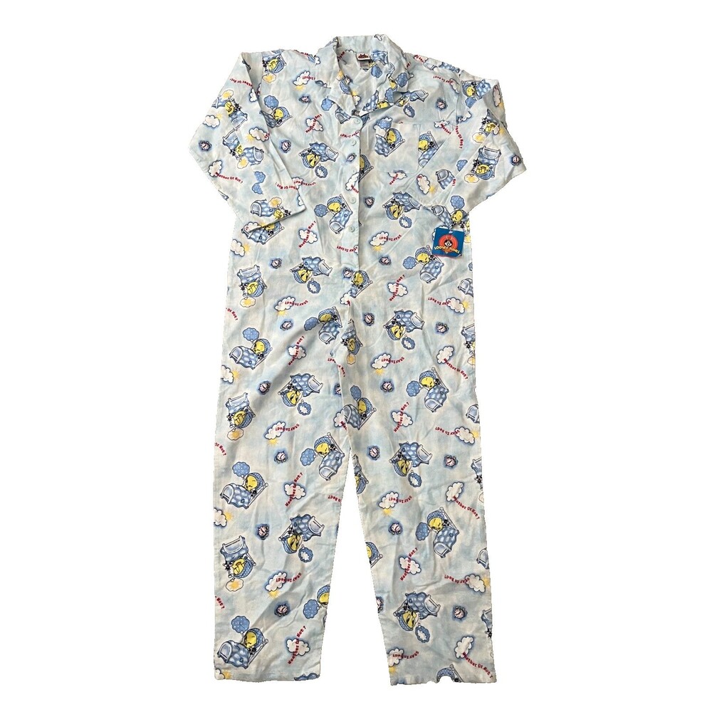 NOS Y2K Looney Tunes Tweety Bird Sylvester Flannel Pajamas 1pc Suit Adult Large